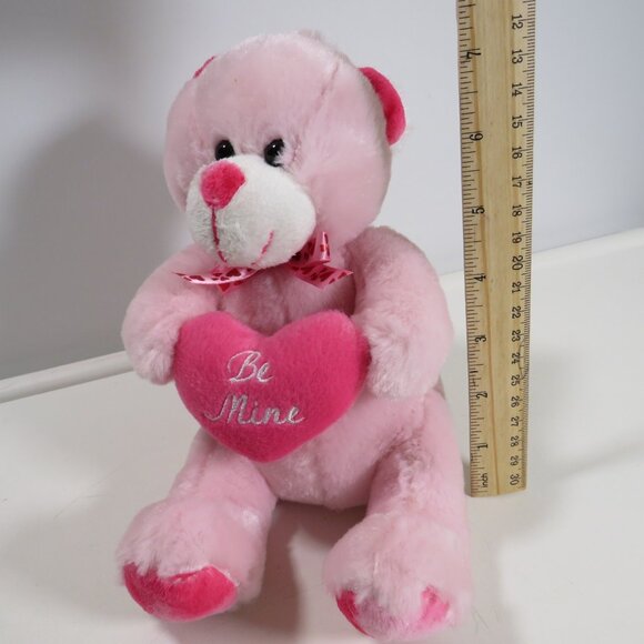 pink and light pink bear with plush embroidered heart be mine pillow - Picture 2 of 14